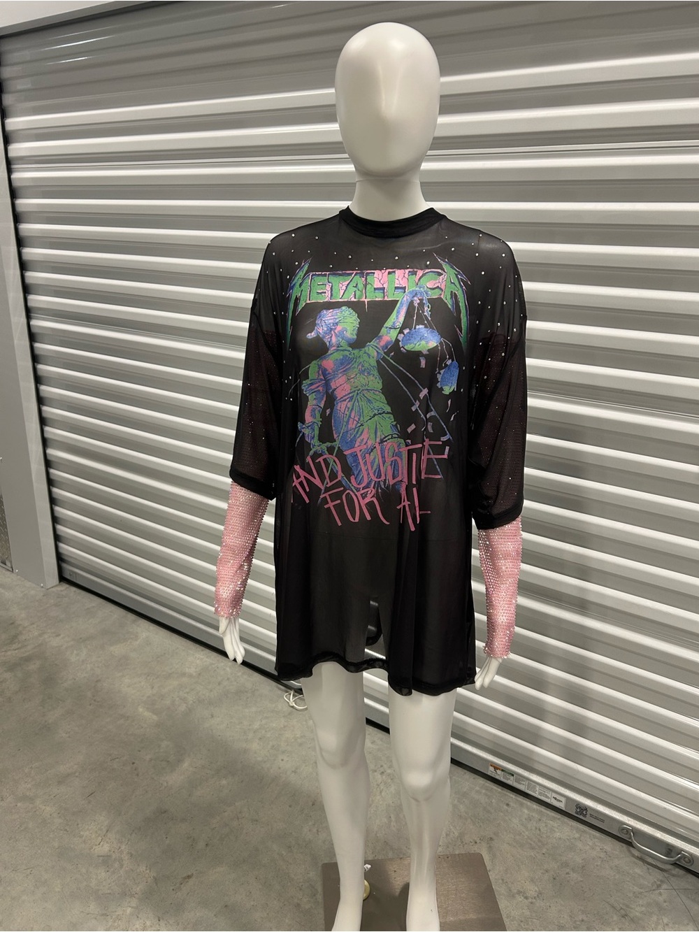 H&M Black Graphic Metallica Tunic with Pink Sequin Sleeves